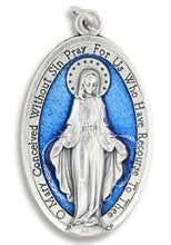Load image into Gallery viewer, Mary Miraculous Medal Pendant Charm XL H 1 3/4 W 1 Silver Ox with Blue Enamel Finish Catholic Made in Italy