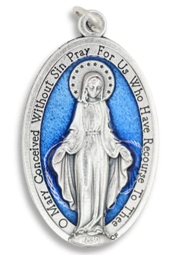 Mary Miraculous Medal Pendant Charm XL H 1 3/4 W 1 Silver Ox with Blue Enamel Finish Catholic Made in Italy