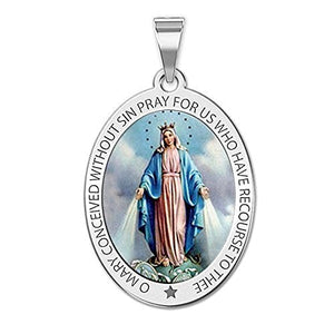 Miraculous Medal Necklace Color Oval Pendant - Available in Solid 14K Yellow or White Gold, or Sterling Silver